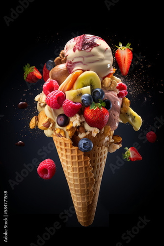 An ice cream cone loaded with rich fresh fruit and nuts. Strawberries, kiwis, raspberries and blueberries in a delicious healthy and vitamin-rich ice cream. Generative AI