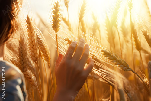 A girl's hand stroking ears of wheat in a wheat field at sunset. Feeling of well-being and contact with nature. Generative AI