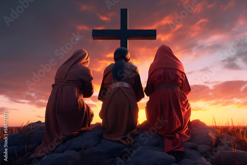 Rear view of three women in robes, kneeling and praying before a wooden cross. Hebrew women praying before the cross of Christ. Generative AI