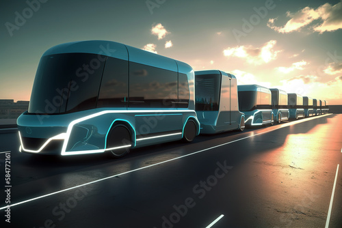 Road transport in the future. Logistics will use all available environmental solutions to serve customers in the future. Electric bus. AI generated illustration.
