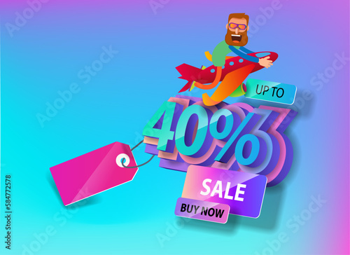 Cartoon man on a plane flies away from a 40 percent discount