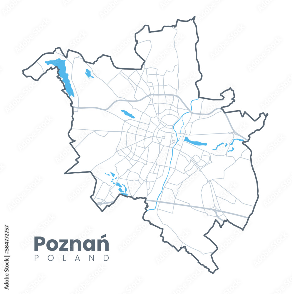 Urban Poznań map. Detailed map of Poznan, Poland. City poster with streets and Warta River. Light stroke version. - obrazy, fototapety, plakaty 