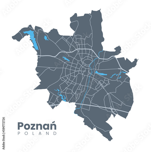 Urban Poznań map. Detailed map of Poznan, Poland. City poster with streets and Warta River. Dark fill version.