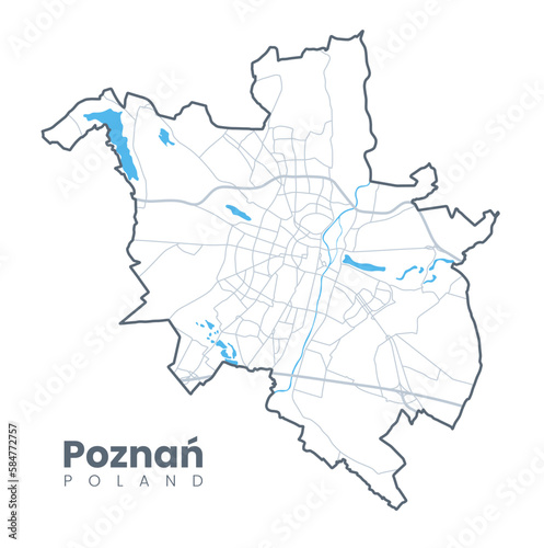 Urban Poznań map. Detailed map of Poznan, Poland. City poster with streets and Warta River. Light stroke version.
