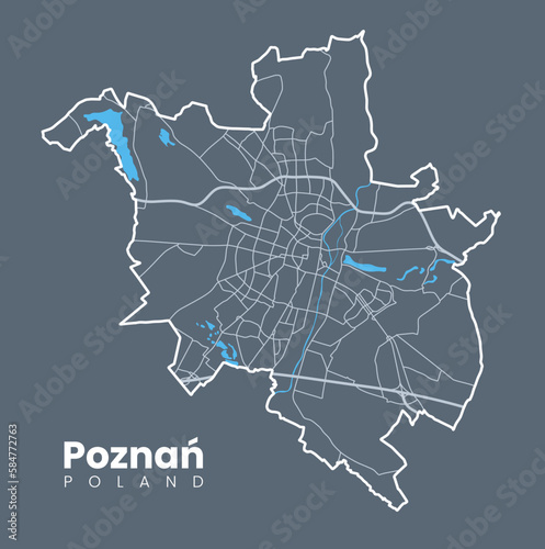 Urban Poznań map. Map of Poznan, Poland borders. City poster with streets and Warta River. Light stroke version on dark background.