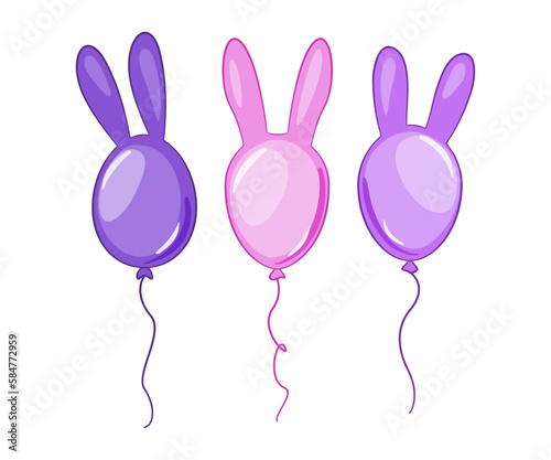 Kolorowe baloniki z króliczymi uszami. Wielkanocna dekoracja. Trzy balony - fioletowe i różowe. Balon - królik. Wektorowa ilustracja.