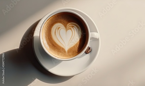 Coffee cappuccino with heart shape and white cup on cream colored background, generative AI