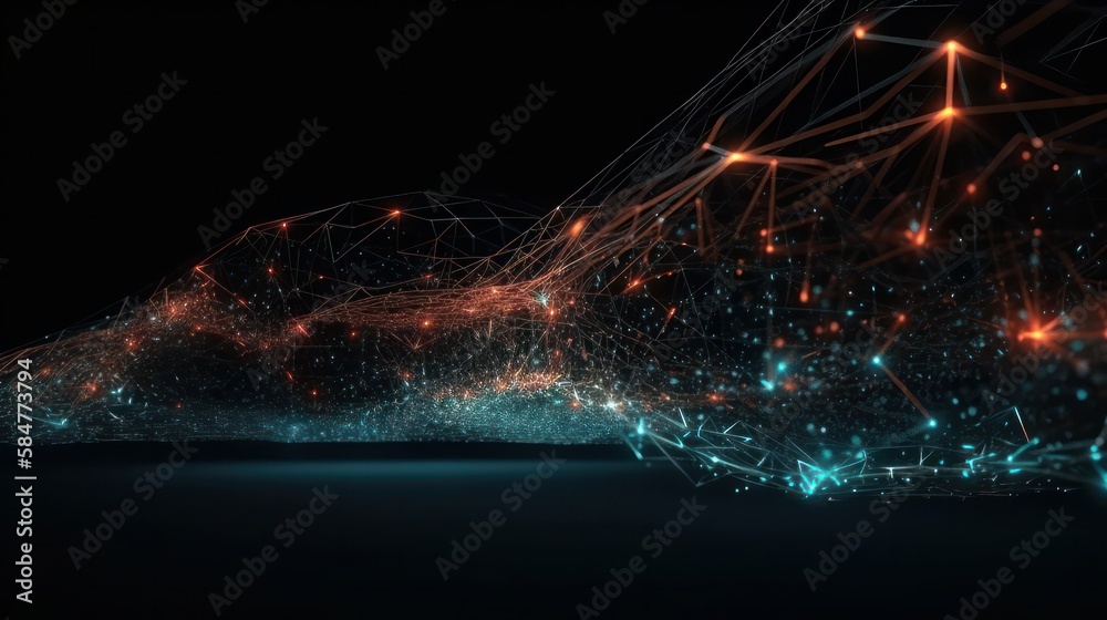 Abstract connected dots and lines. Concept of AI technology, Motion of digital data flow. Communication and technology network concept with moving lines and dots. 3D rendering - Generative AI Abstract connected dots and lines. Concept of AI technology, Motion of digital data flow. Communication and technology network concept with moving lines and dots. 3D rendering - Generative AI