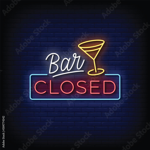 Neon Sign bar closed with brick wall background vector