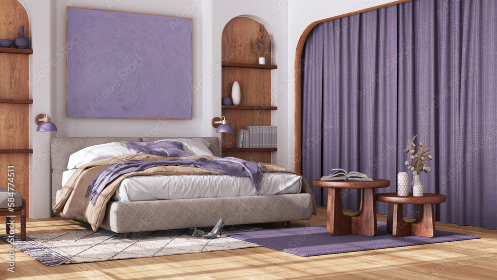 Wooden bedroom in japandi style with arched door and parquet floor ...