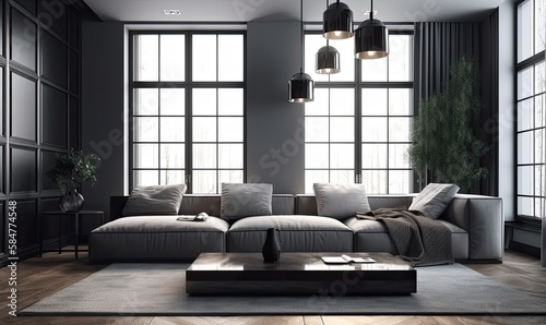 Modern interior design, living room interior with sofa, generative AI