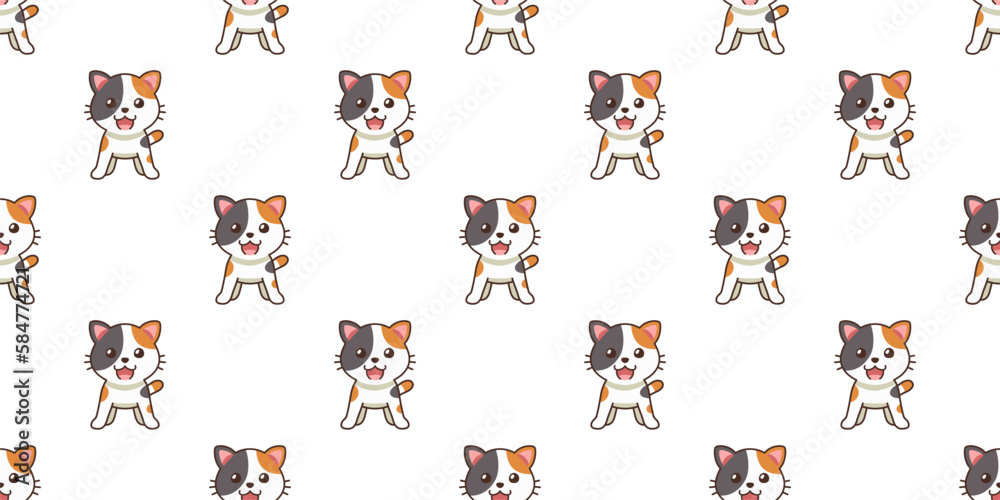 Vector cartoon character calico cat seamless pattern background for design.