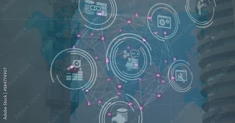 Animation of network of connections with icons over globe Animation of network of connections with icons over globe