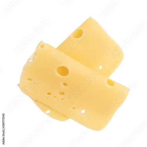 folded slices of cheese isolated on white background, pieces of sliced gouda cheese laid out to create layout photo