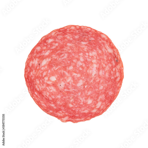 salami sausage slice isolated on white background, one piece of sliced salami sausage laid out to create layout