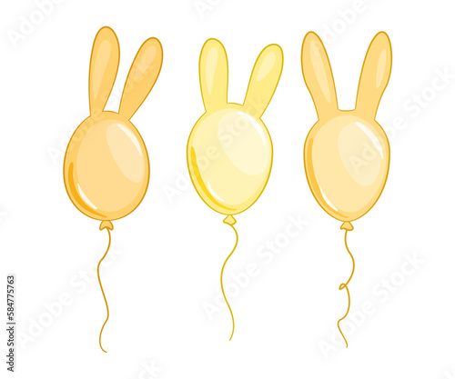 Kolorowe baloniki z króliczymi uszami. Wielkanocna dekoracja. Trzy żółte balony. Balon - królik. Wektorowa ilustracja.