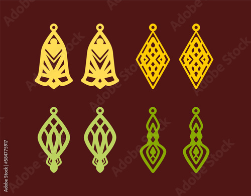 A collection of Earrings templates with geometric shapes. Isolated stencils pattern suitable for handmade work, laser cutting and printing.