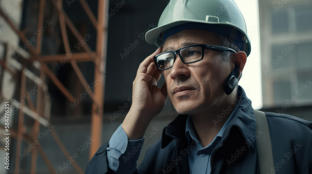  male engineer feels headache at construction site. generative AI