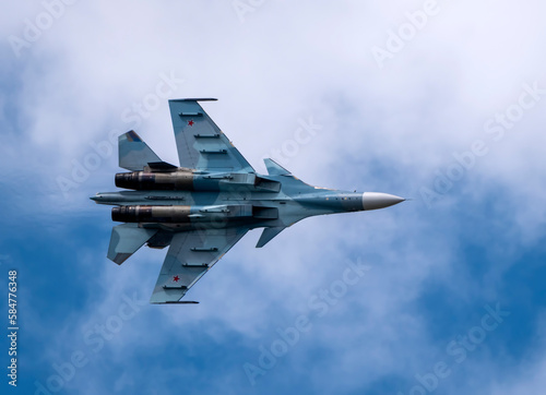Moscow Russia Zhukovsky Airfield 25 July 2021: aerobatic Su-30 perfoming demonstration flight of the international aerospace salon MAKS-2021