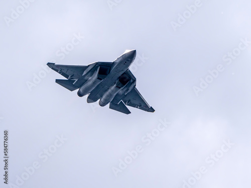 Moscow Russia Zhukovsky Airfield 25 July 2021: Demonstration of the latest Russian SU-57 fighterof the international aerospace salon MAKS-2021