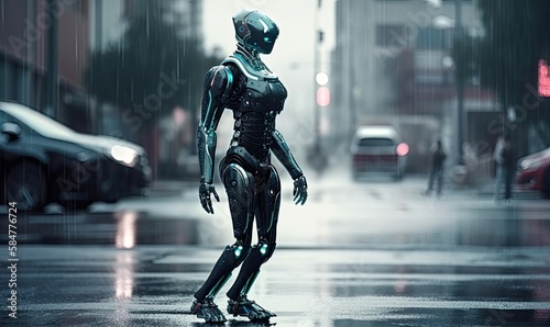 Android robot walk on a street, generative AI