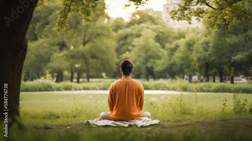 view of a man from the back who meditates in the park . generative AI 