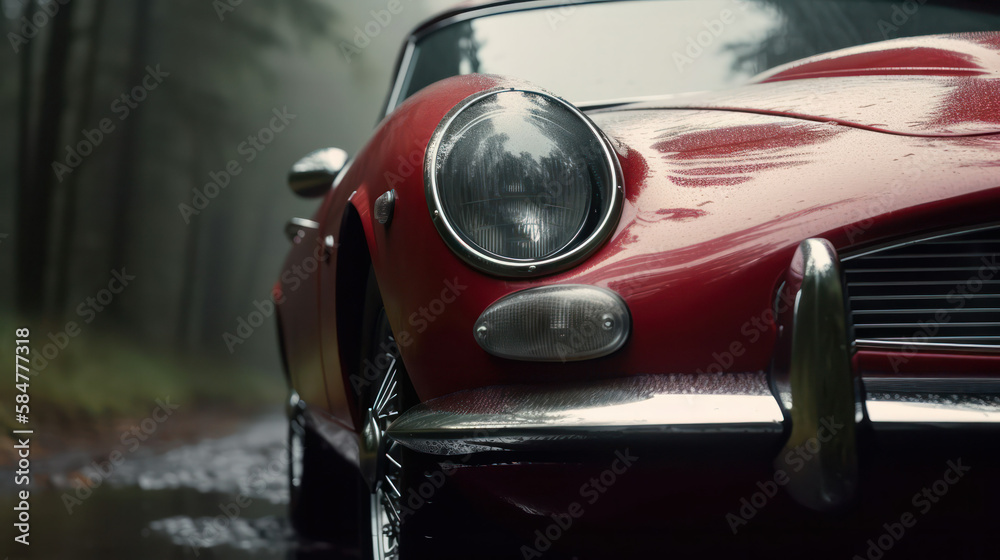 Close-up of the front of a red retro car . generative AI