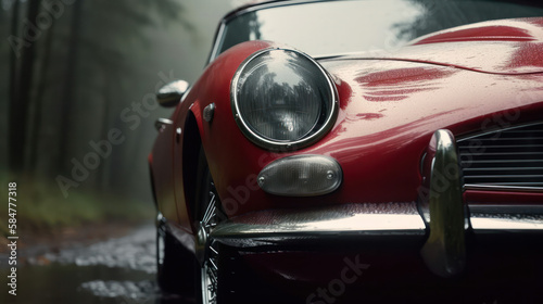 Close-up of the front of a red retro car . generative AI © Roman