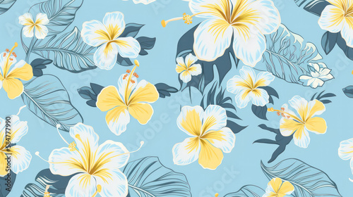 seamless floral white  hibiscus  background .Hawaiian shirt fabric pattern . generative AI