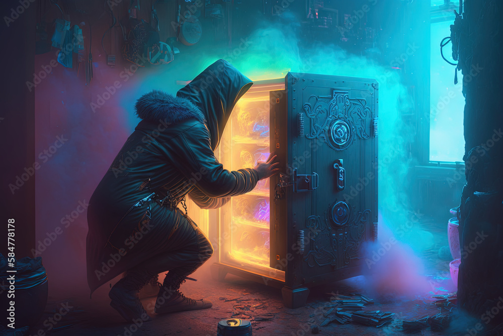 Digital hacker breaking safe. Ai generated