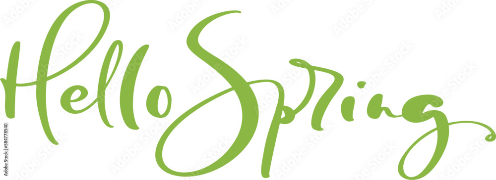 Hand drawn vector green text Hello spring. Motivational and inspirational season quote. Calligraphic card, mug, photo overlays, t-shirt print, flyer, poster design Hand drawn vector green text Hello spring. Motivational and inspirational season quote. Calligraphic card, mug, photo overlays, t-shirt print, flyer, poster design