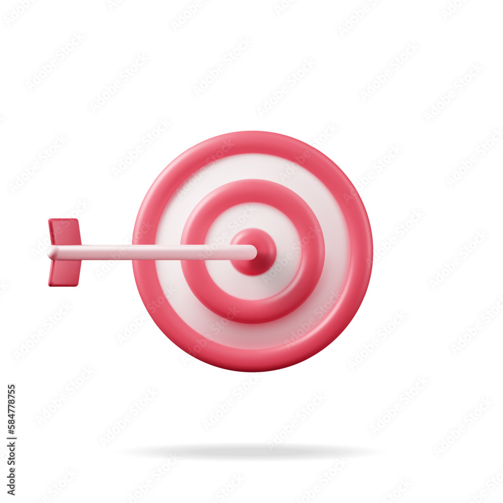 3D Target with Arrow in Center Icon Isolated on White. Render Dartboard with Arrow. Goal Setting. Smart Goal. Business or Finance Target Concept. Achievement and Success. Vector Illustration