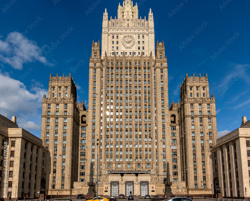 MOSCOW, RUSSIA - JULE 27 2022: The main building of Ministry of Foreign Affairs is one of the famous seven skyscrapers, built in Stalinist style, on Jule 27, 2022 in Moscow, Russi