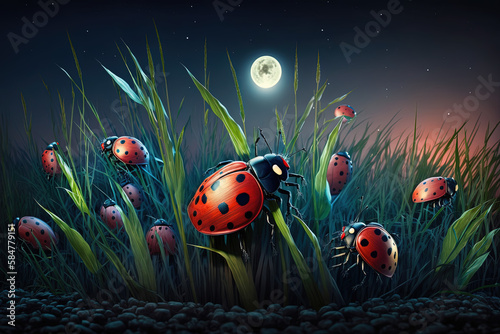 Open ground with a lot of ladybugs in twilight illumination. Ai generated.