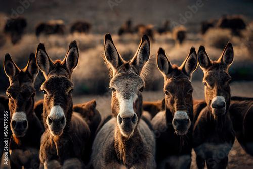 Photographie Herd of donkeys in nature. Generative AI