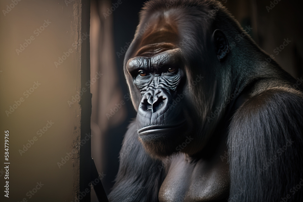 Portrait of gorilla in zoo. Ai generated. 