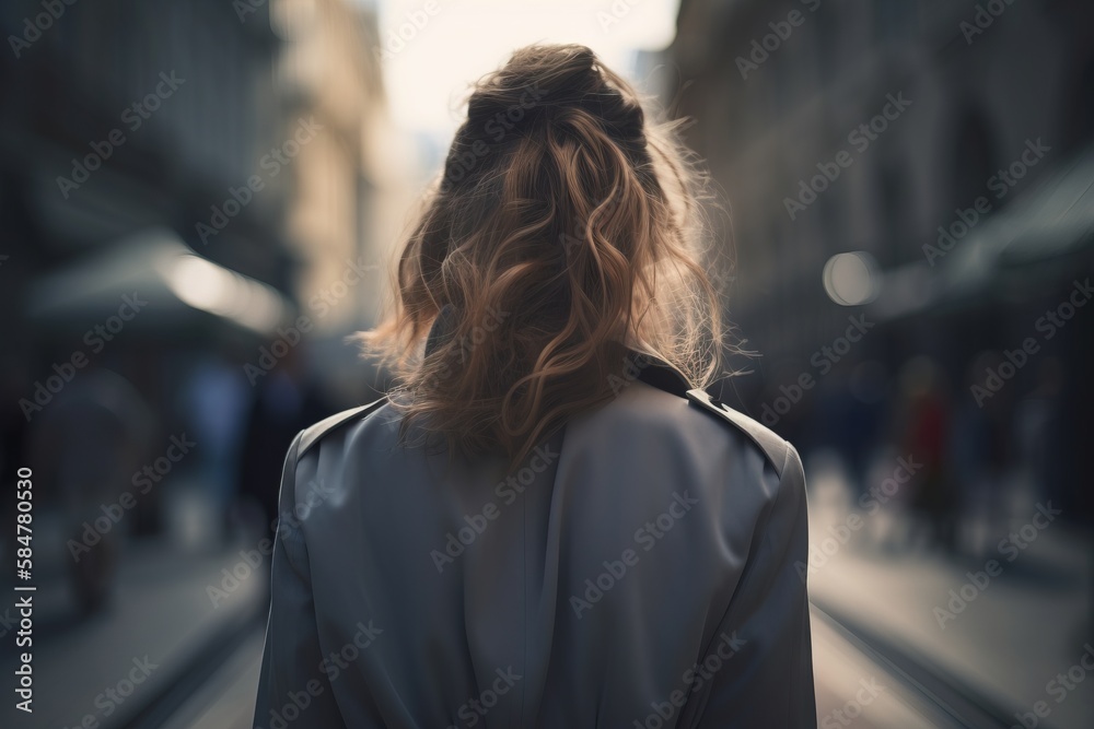 a woman with long hair walking down a street in a city with buildings ...