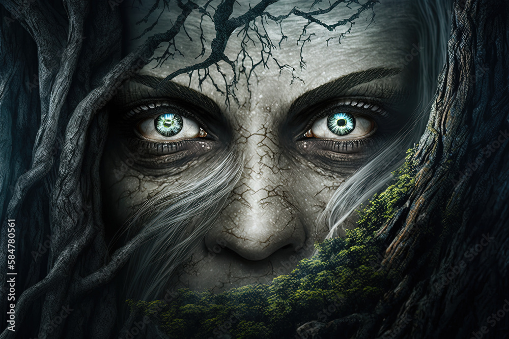 Dark spooky old forest and beautiful witch with black spooky eyes. Ai generated. Dark spooky old forest and beautiful witch with black spooky eyes. Ai generated.