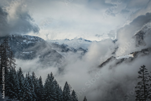 Skiing in Italy, Dolomites, Madonna di Campiglio, Pinzolo. Cloudy winter day in January 2023