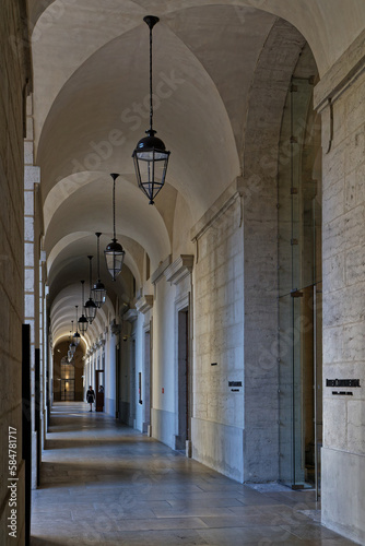 LYON, FRANCE, February 14, 2023 : The cloister of ancient hospital Hotel-Dieu, now renewed as a commercial and art center.
