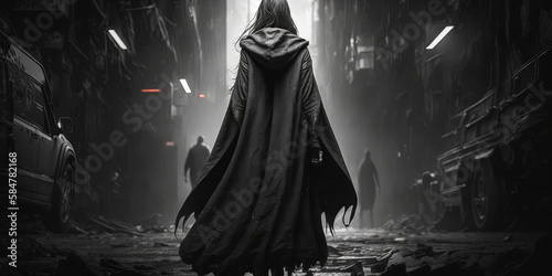 A girl in a cape in a hurry walks through the streets in post apocalyptical city. Ai generated.