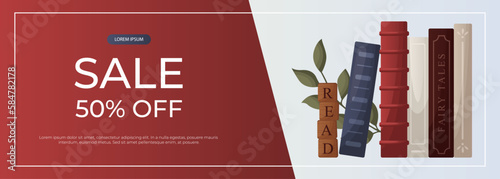 Promo sale banner with reading stack of books, wooden letter tiles. School books pile. World book day. Bookstore, bookshop, library, book lover, bibliophile, education. A4 vector for poster, cover