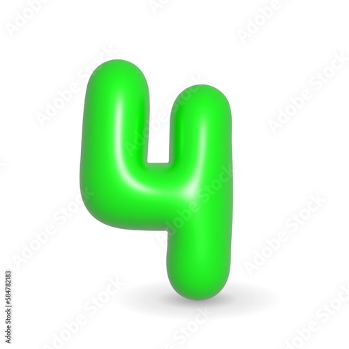 Number Four. 4 Green Balloon 3d illustration. Realistic design element for events. Happy Birthday, Anniversary Party and events. Isolated on white background with alpha channel.