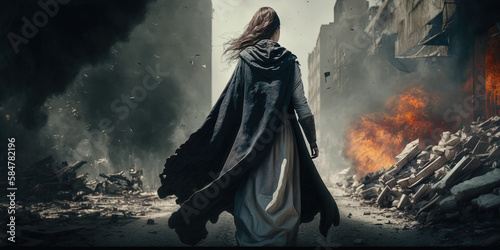 A girl in a cape in a hurry walks through the streets in post apocalyptical city. Ai generated.