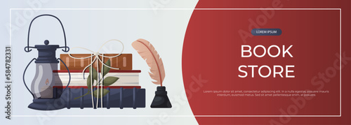 Promo banner with with reading stack of books, lantern with candle,plant. School books pile.. World book day. Bookstore, bookshop, library, book lover, bibliophile, education. Vector for poster, cover