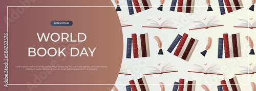 Promo banner with open huge book with heart, reading stack of books, inkwell. World book day. Bookstore, bookshop, library, book lover, bibliophile, education. Vector for poster, cover, advertising