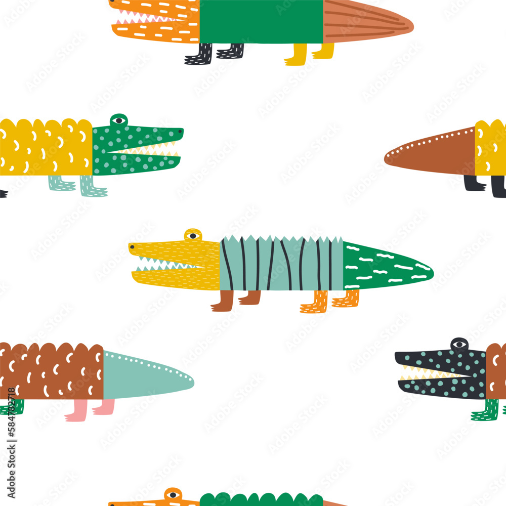 custom made wallpaper toronto digitalSeamless pattern with funny doodle crocodiles. Cute childish print. Vector hand drawn illustration.