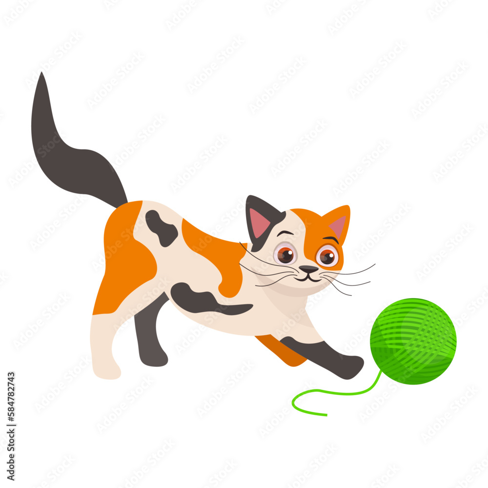 Cute three-haired cat plays with a green ball of thread. Vector graphic.