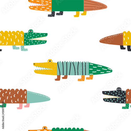 Wallpaper Mural Seamless pattern with funny doodle crocodiles. Cute childish print. Vector hand drawn illustration. Torontodigital.ca