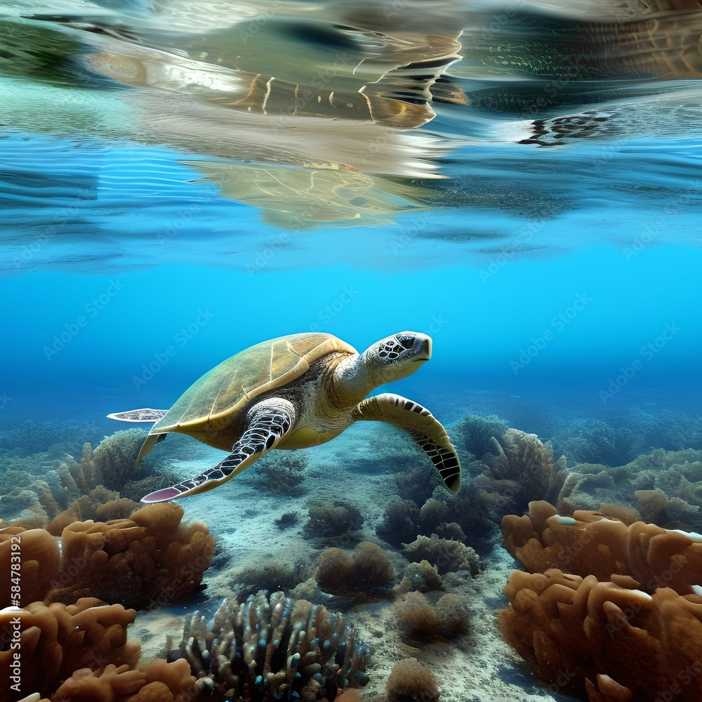 Fototapeta premium seabed with a sea turtle, genrative ai
